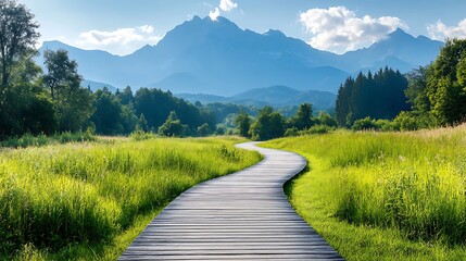 Wall Mural - A towering peak with a wooden bridge crossing over a ravine, clouds passing in the distance, and the landscape perfectly clear.