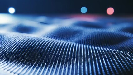 Abstract blue wave pattern with glowing spheres and bokeh lights