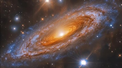 Swirling galaxy with bright orange arms and radiant center amid stars
