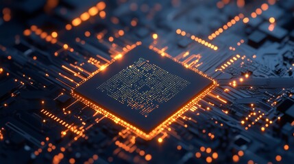 Wall Mural - softly glowing circuit lines framing a central ai chip on a futuristic blue tech background, offerin