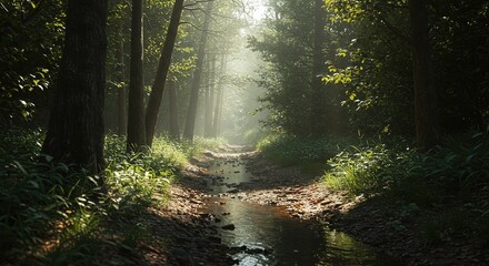  Stream flows through a forest with sunlight filtering through the trees.