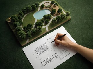 Architect’s hand sketching a detailed landscape plan with a miniature model of a residential property and surrounding trees, symbolizing planning, design, real estate, and sustainable development.

