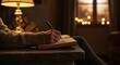© si9nzation - Woman immersed in journaling reflecting in warm light writing in her notebook in a cozy evening setting