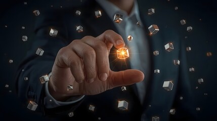businessman interacting with floating glowing cubes in a futuristic digital environment, symbolizing