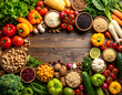© karel - Flat lay of healthy organic food ingredients on a wooden table, high detail, top-down photography style