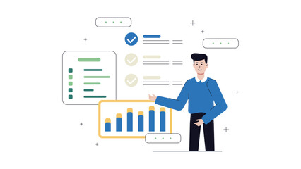 Product Manager Running Feature Prioritization Survey, Flat Vector Illustration