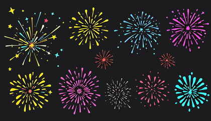 A vibrant vector illustration showcases a collection of colorful fireworks exploding against a dark backdrop, perfect for festive designs and celebratory events.
