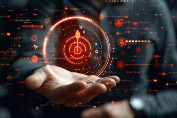 Wall Mural - futuristic technology: hand holding digital target in a data-driven virtual environment