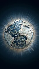 Wall Mural - Earth globe covered with dollar bills rotates slowly against a dark background, radiating bright light beams, symbolizing global finance and economic power