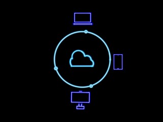 Wall Mural - Cloud computing concept with a glowing neon blue cloud storage icon. Seamlessly integrates with various devices such as smartphones, laptops, and desktop computers, enabling easy file synchronization 