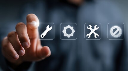 Wall Mural - conceptual image of engineer hand interacting with digital service icons for machine diagnostics and