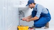 © Attasit - Professional plumber in blue uniform crouching under a bathroom sink, tightening pipe with wrench, white tiles and tools nearby.