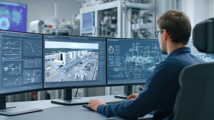 Wall Mural - smart factory environment where engineer monitors energy usage via cloud-based software on screen, c