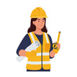 © aan - A confident female engineer or architect stands ready with a rolled blueprint and measuring tape, wearing a yellow hard hat and safety vest, isolated on white.