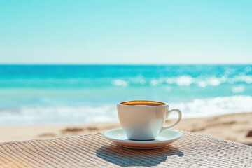 Wall Mural - Enjoying a warm coffee while admiring the beautiful beach view on a sunny day, Warm coffee cup on a table with a stunning beach view in the summer sun