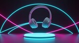 A floating, over-ear audio device is illuminated on a circular platform, highlighted by curved neon lines in a dark space