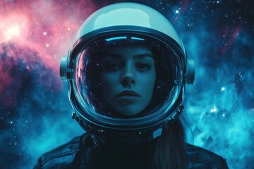 Wall Mural - woman in space helmet explores vibrant galaxy with captivating colors and cosmic wonders, photo of a