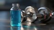 © Yura - Blue Liquid Supplement Bottle with Dumbbells in the Background