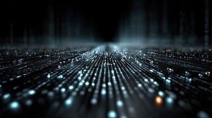 Futuristic data stream with binary code flow and glowing digital grid, modern technology background for innovation and design