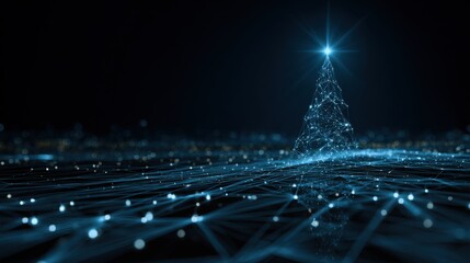Abstract digital christmas tree formed by glowing network lines and nodes