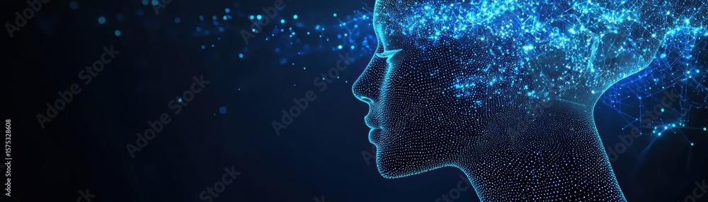 A digital profile of a human face composed of glowing blue data points ...
