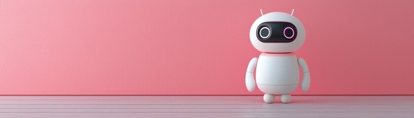 A small white robot with a friendly design stands against a pink wall on a wooden floor, evoking a playful and modern tech vibe, AI pipeline network