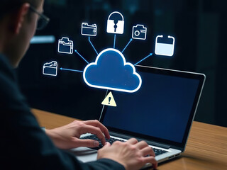person working on laptop with glowing cloud computing interface, showcasing data security and warnin