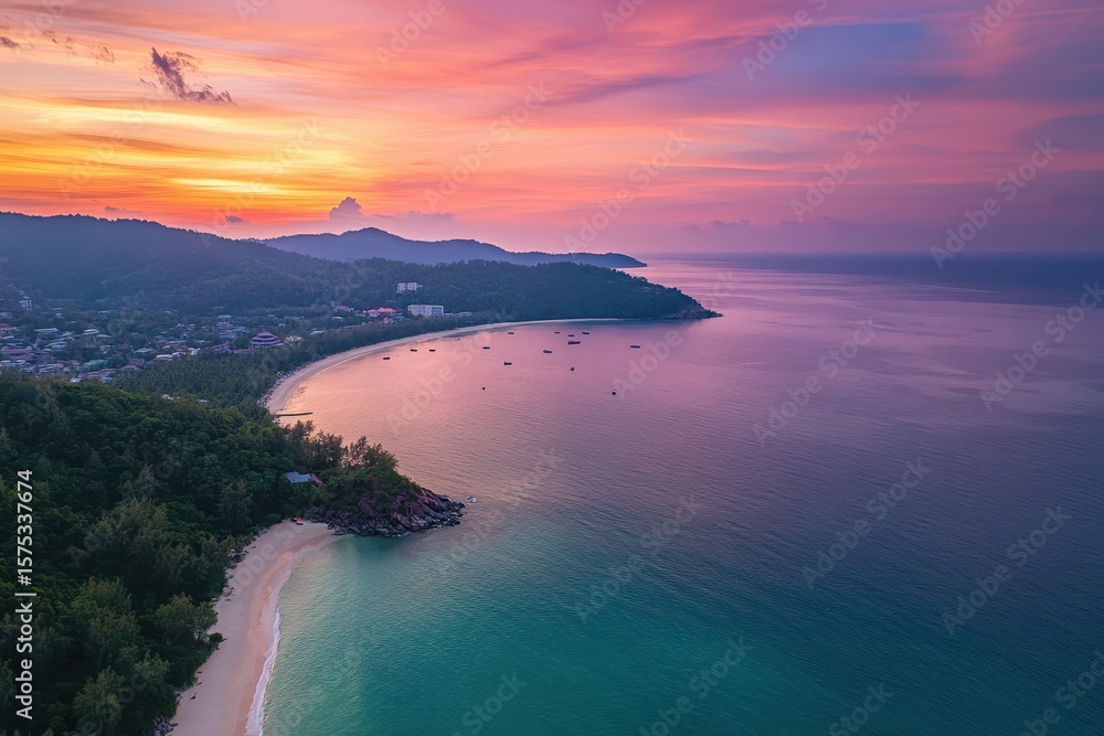 Stunning sunset over Tri Trang beach, Phuket Island showcasing vibrant colors and serene ocean waves, Phuket island sunset seascape aerial view Tri Trang beach Patong bay Thailand