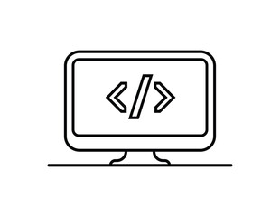 simple line art icon of a computer monitor displaying code symbols isolated on white background