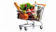© Aura - A shopping cart with a red handle brimming with fresh groceries including colorful fruits, vegetables, and essentials like olive oil and eggs, set against a clean white background—symbolizing healthy