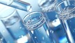 © wilson - Close-up of clear blue water being poured into test tubes with bubbles and droplets, highlighting scientific laboratory work and medical research on soft pastel background
