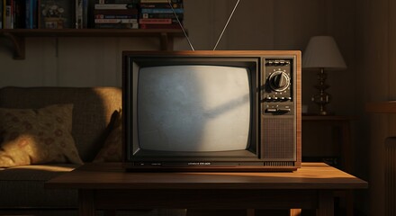 A vintage television set sits on a table, illuminated by warm light within a cozy room.
