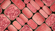 © Da - A fractal pattern of carcinogenic warning labels crafted from processed meat textures, forming an infinite loop.