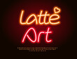 © Popskraft - Vector Glowing Advertisement Latte Art with Decorative Heart. Beautiful Neon Font. Stylish Alphabet Letters and Numbers set