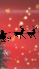 Wall Mural - santa sleigh and reindeer animation over christmas tree with snowflakes and lights