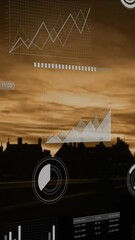 Wall Mural - animation of data analytics graphics overlaying city skyline during sunset