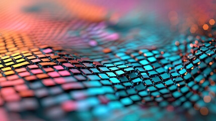 Complex holographic grid patterns with shifting colors on a metallic background 