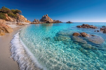 Wall Mural - Turquoise water laps a white sand beach with rock formations and clear sky. Ideal background for travel, vacation, or summer themed project.