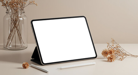 Digital tablet mockup with dried botanical accents, perfect for app or website display.

