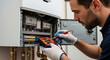 © Cliff - The master repairs the electrical part of a gas heating boiler, servicing heating systems