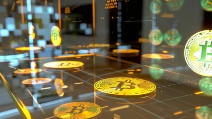 Digital cryptocurrency coins in futuristic display