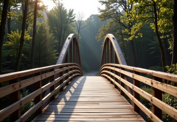 Wall Mural - t beam footbridge in forest park, wooden railings, serene surroundings, morning light rays, subtle c