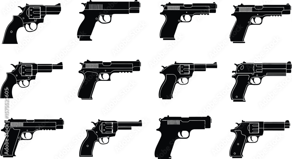 Twelve black and white silhouette illustrations of various types of handguns and pistols