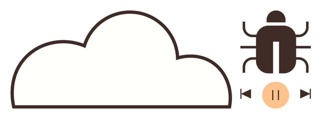 Cloud with a bug and media control buttons portraying debugging, control, and software error management. Ideal for IT solutions, networking, cloud technology, software development, troubleshooting