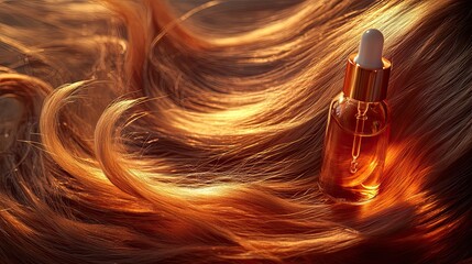 hair vitamin repair serum application concept with glowing hair strands and nourishment elements for