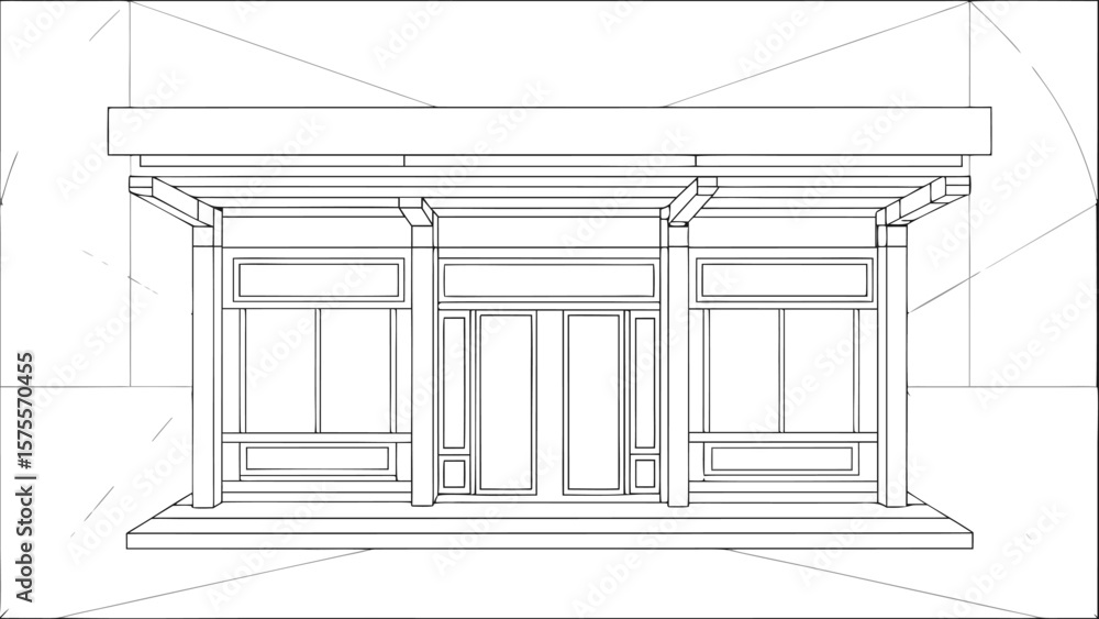 Simple architectural line drawing of a building structure frontal view ...