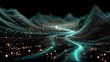 © tdd - Futuristic digital landscape with undulating teal waves, fine lines, glowing golden particles, dynamic movement, and deep black background.