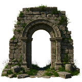 An ancient stone archway, overgrown with greenery, stands against a transparent backdrop, evoking a sense of history and mystery.