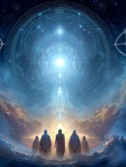 Wall Mural - A circle of divine beings Dattaguru, Navnath saints, Mahavatar Babaji, and Maa Durga standing in luminous presence in a celestial plane, cosmic light surrounding them, sacred energy symbols in the sky