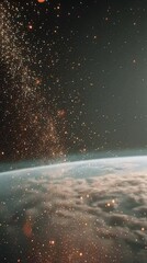 Wall Mural - Surreal cinematic scene: a book opens and glowing particles fly out, transitioning into a wide shot of Earth, visualizing impact, dreamlike but grounded in realism, pastel-toned, analog film look.